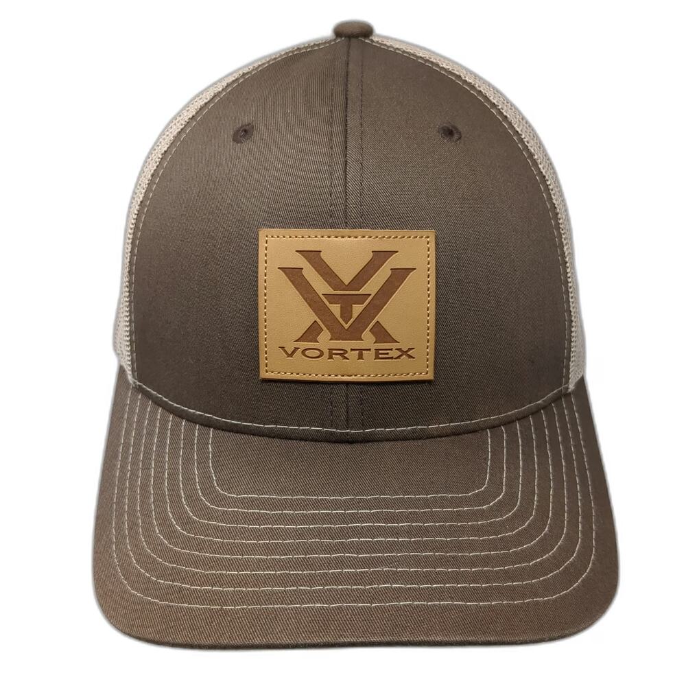 Vortex Trucker Hat Brown One Size Mesh Snapback Faux Leather Patch Logo Hat
